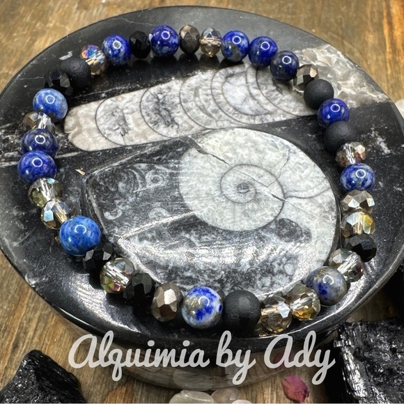 Black onyx lava rock lapis Lazuli beaded handmade bangle bracelet 6mm - Picture 1 of 5